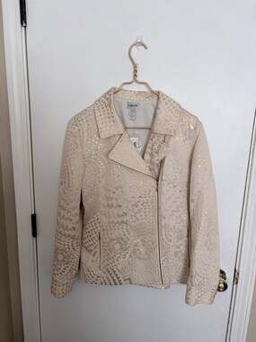 Chico's Cream & Metallic Gold Jacquard Moto Jacket Asymmetrical Zip Blazer